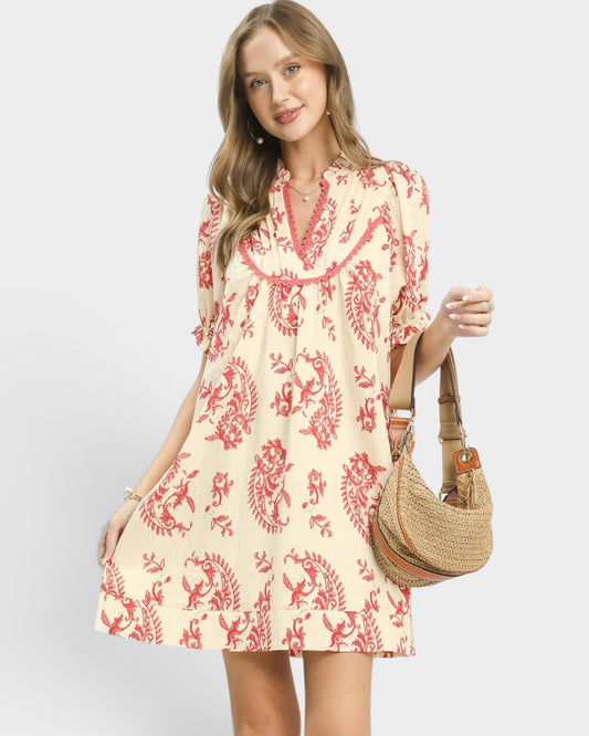 Ivory & Coral Paisley Mini Dress