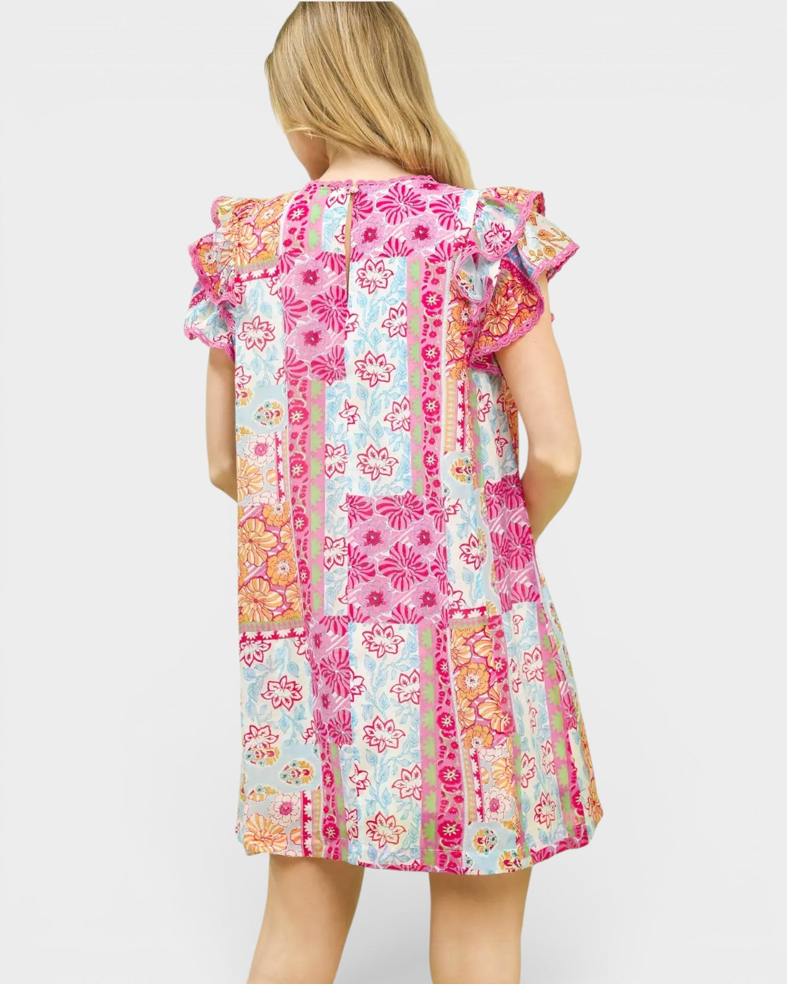 Pink Patchwork Ruffle Sleeve Dress