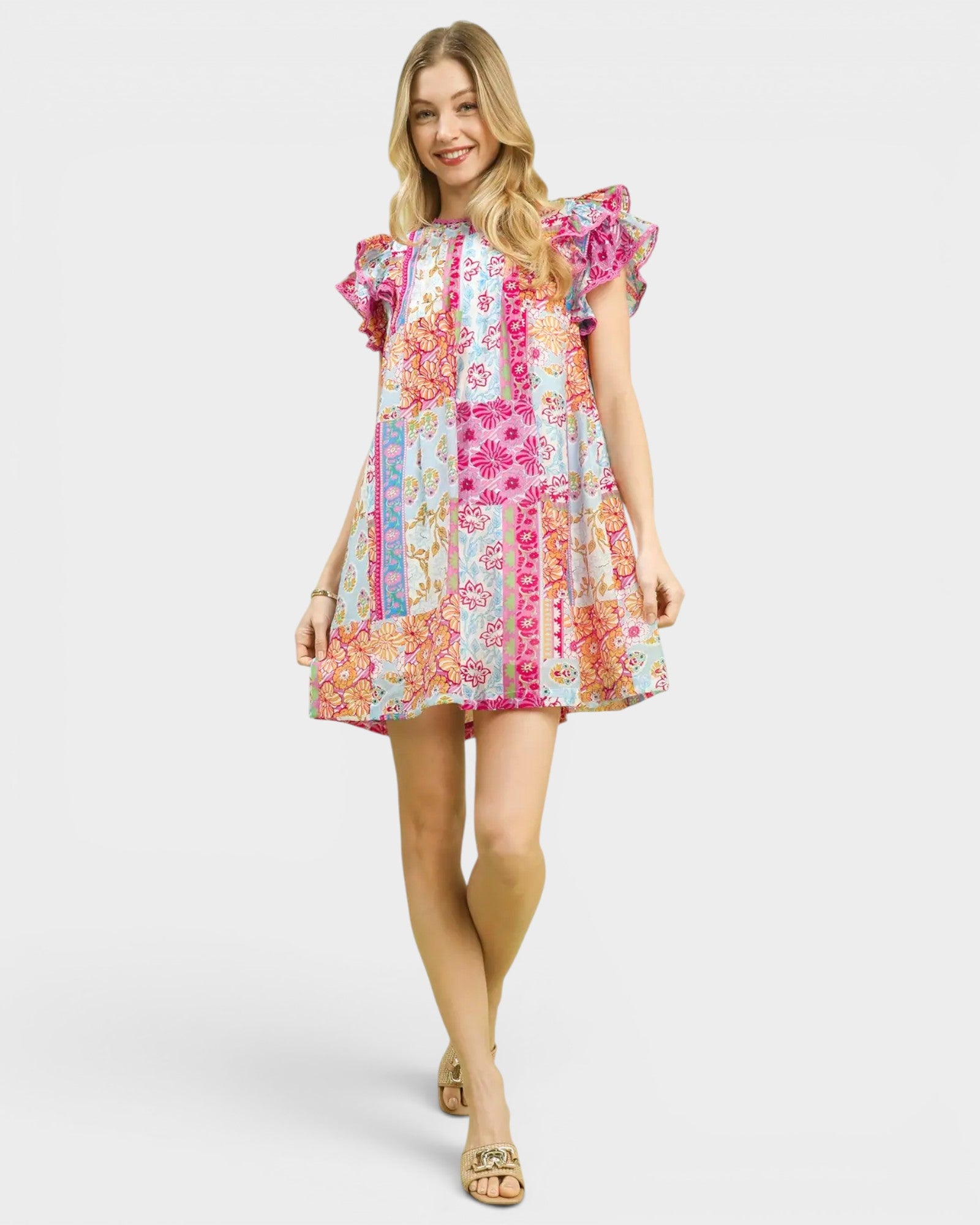 Pink Patchwork Ruffle Sleeve Dress