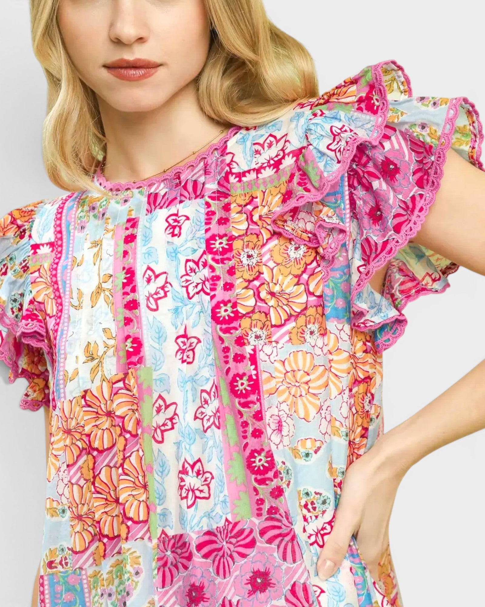 Pink Patchwork Ruffle Sleeve Dress
