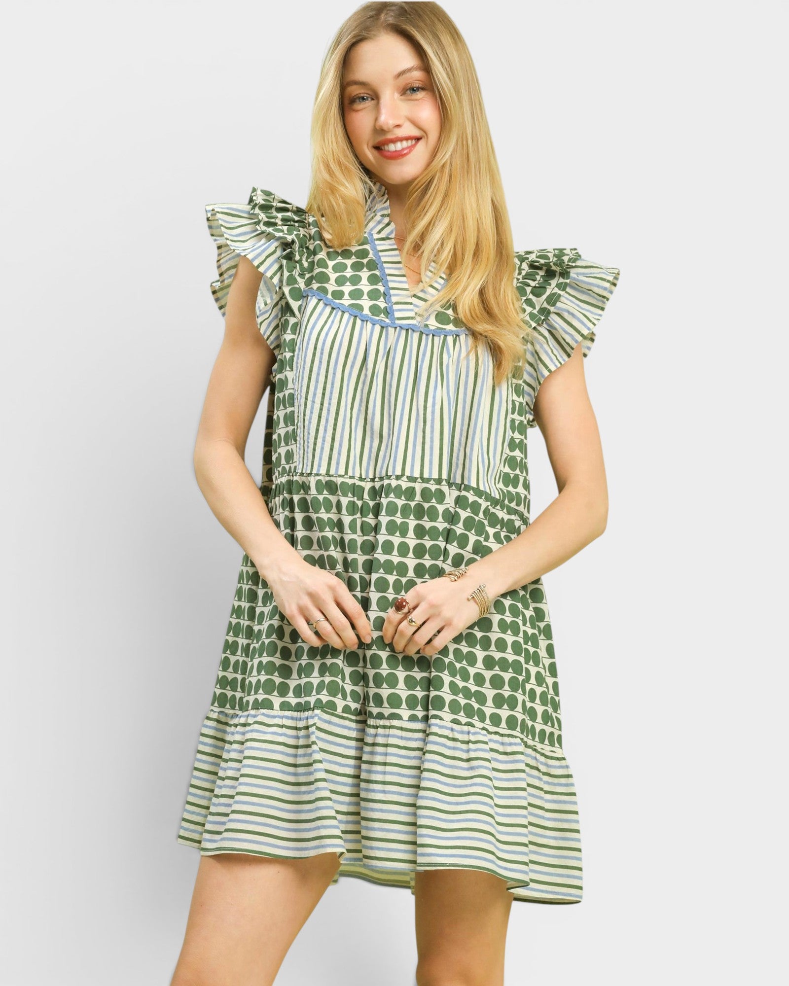 Green Mixed Print Ruffle Mini Dress