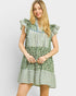 Green Mixed Print Ruffle Mini Dress