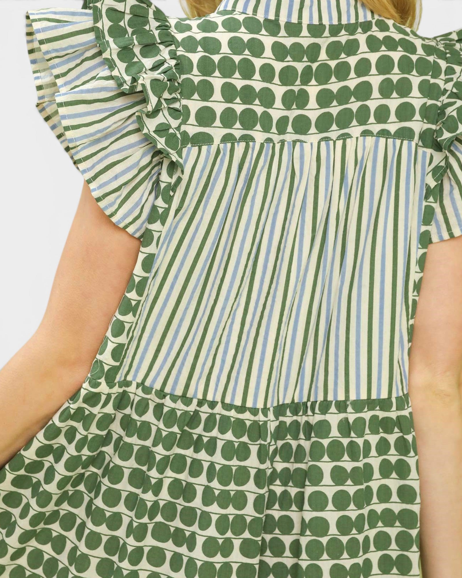 Green Mixed Print Ruffle Mini Dress