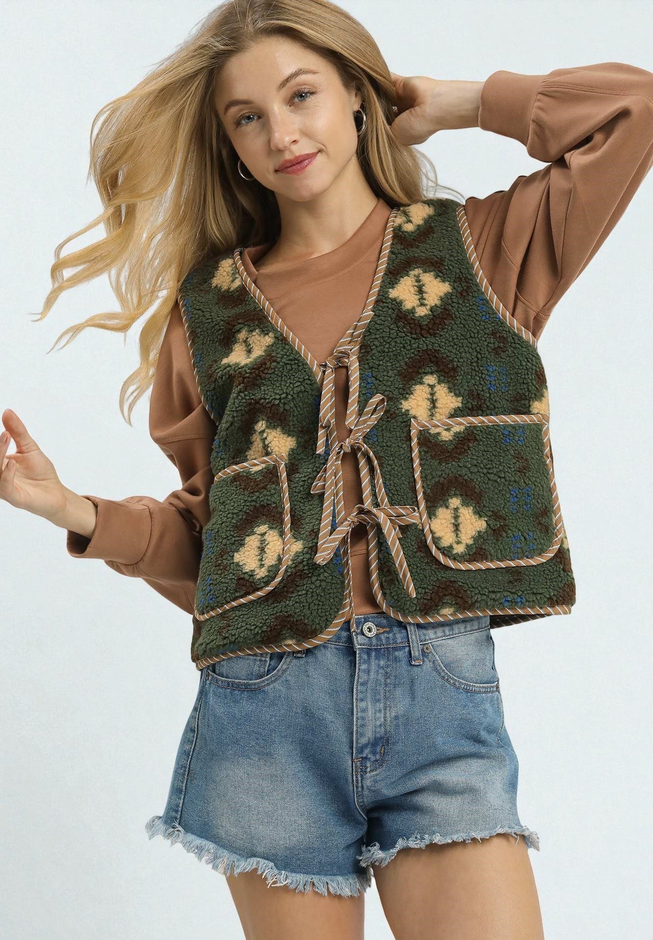 Forest Mix Aztec Sherpa Tie Front Vest