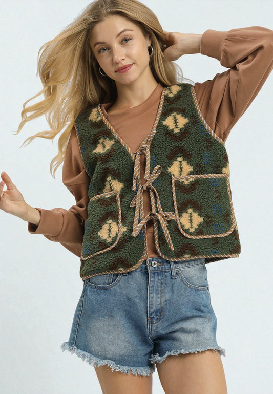 Forest Mix Aztec Sherpa Tie Front Vest