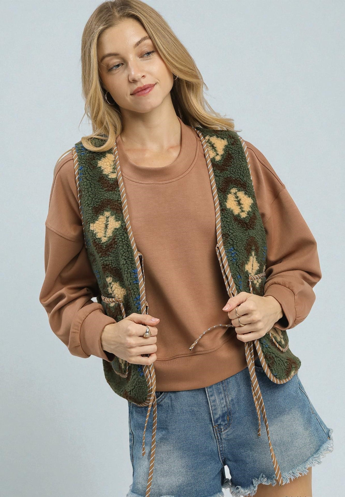 Forest Mix Aztec Sherpa Tie Front Vest
