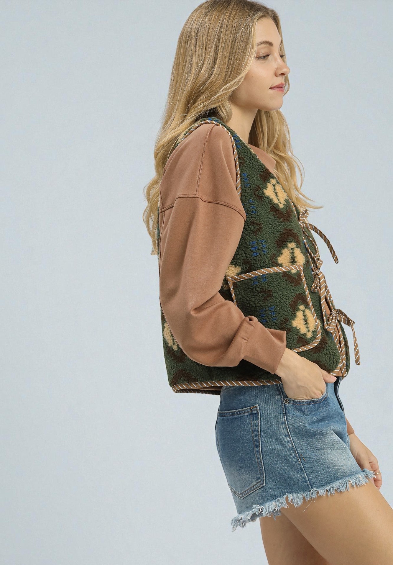 Forest Mix Aztec Sherpa Tie Front Vest