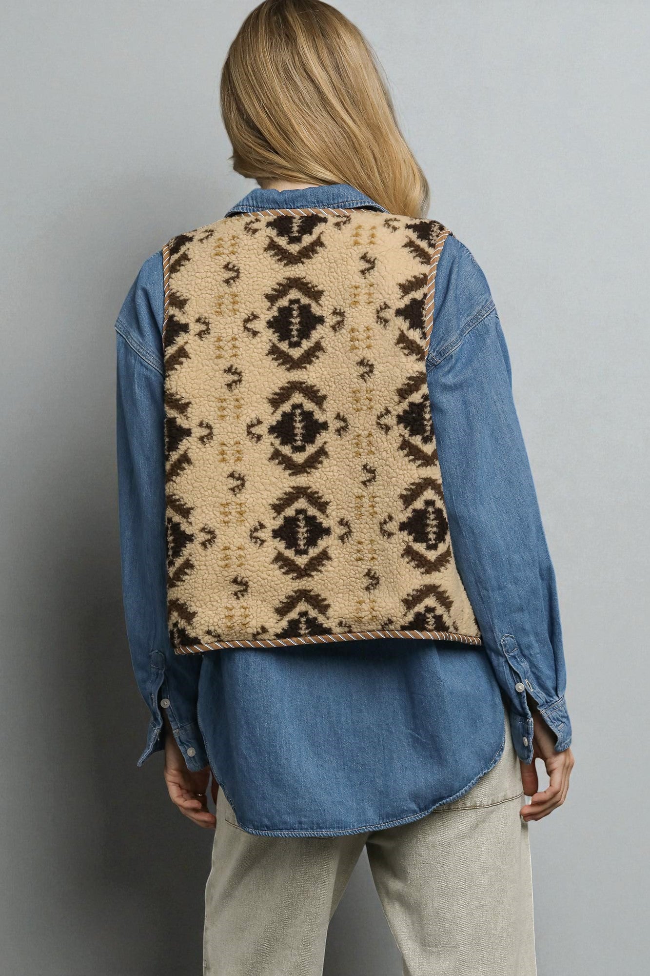 Tan & Brown Aztec Sherpa Tie Front Vest