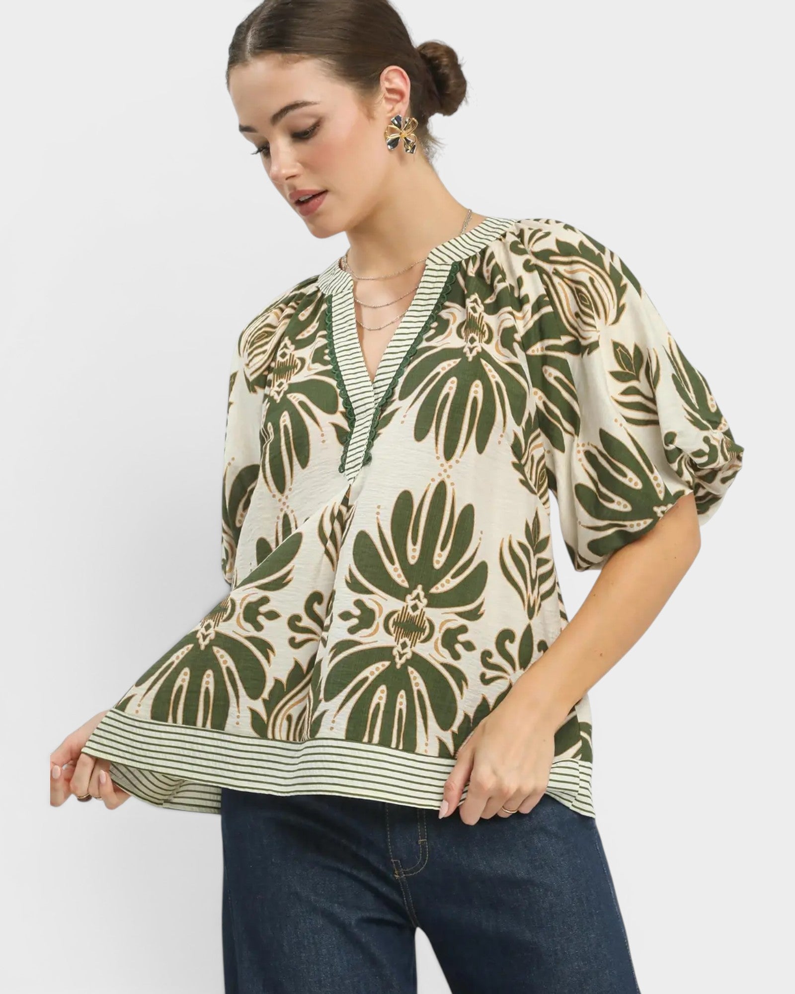 Olive Floral Puff Sleeve Top