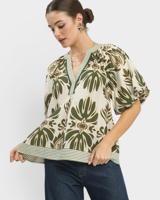 Olive Floral Puff Sleeve Top