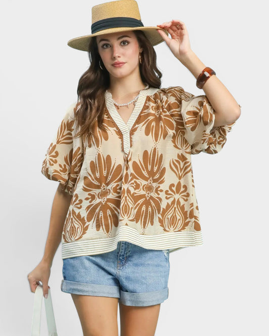 Taupe Floral Puff Sleeve Top