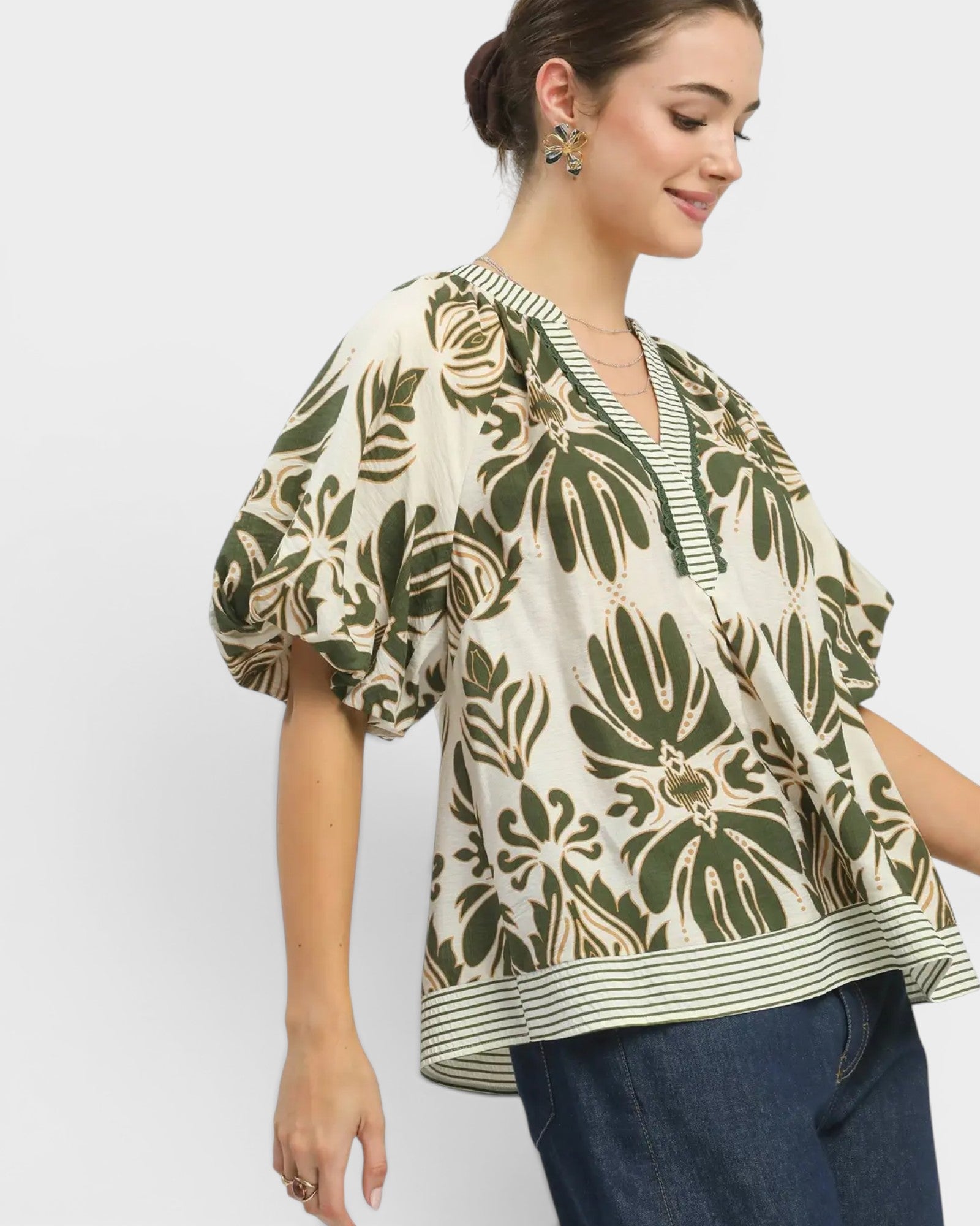 Olive Floral Puff Sleeve Top