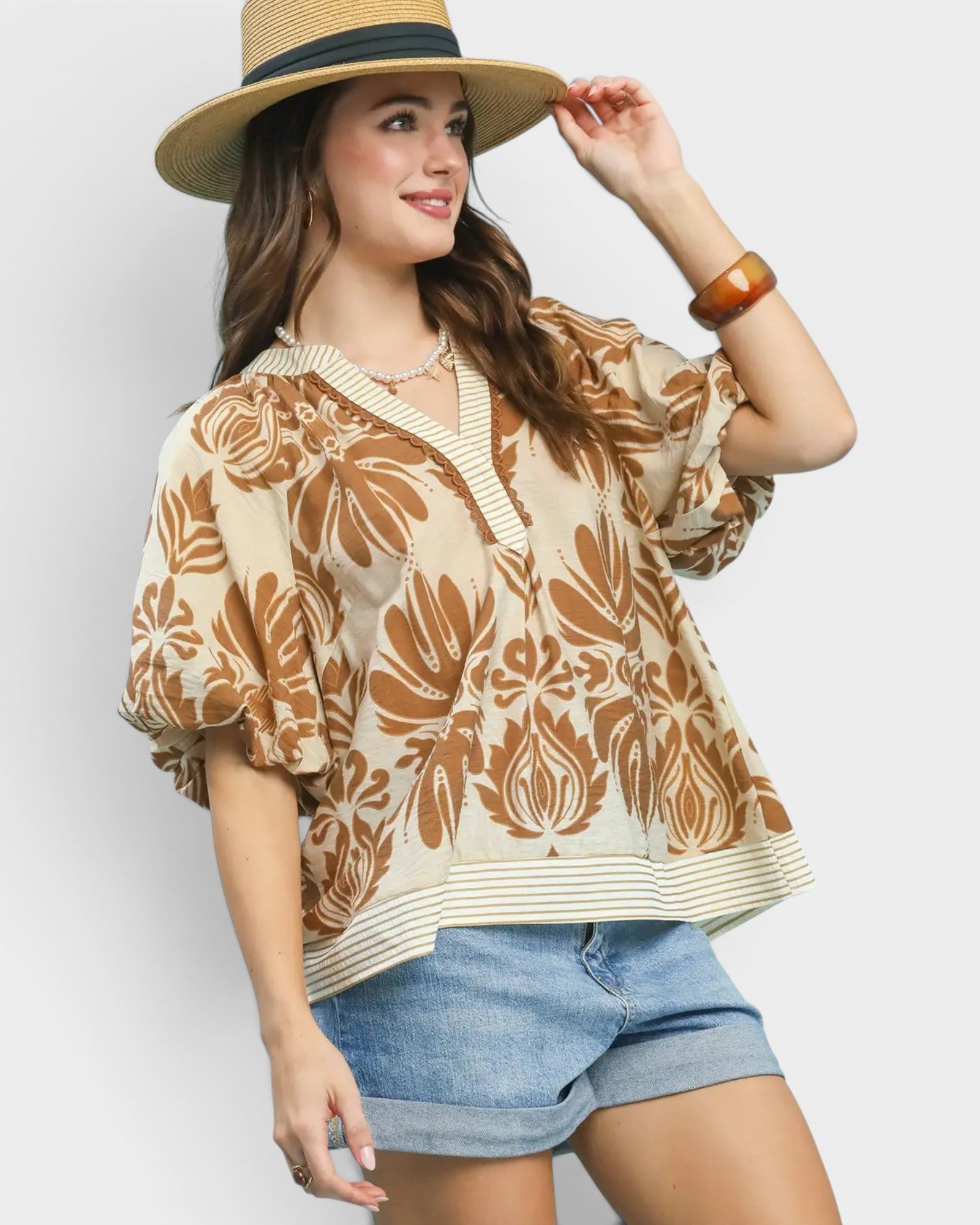 Taupe Floral Puff Sleeve Top