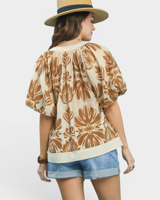 Taupe Floral Puff Sleeve Top
