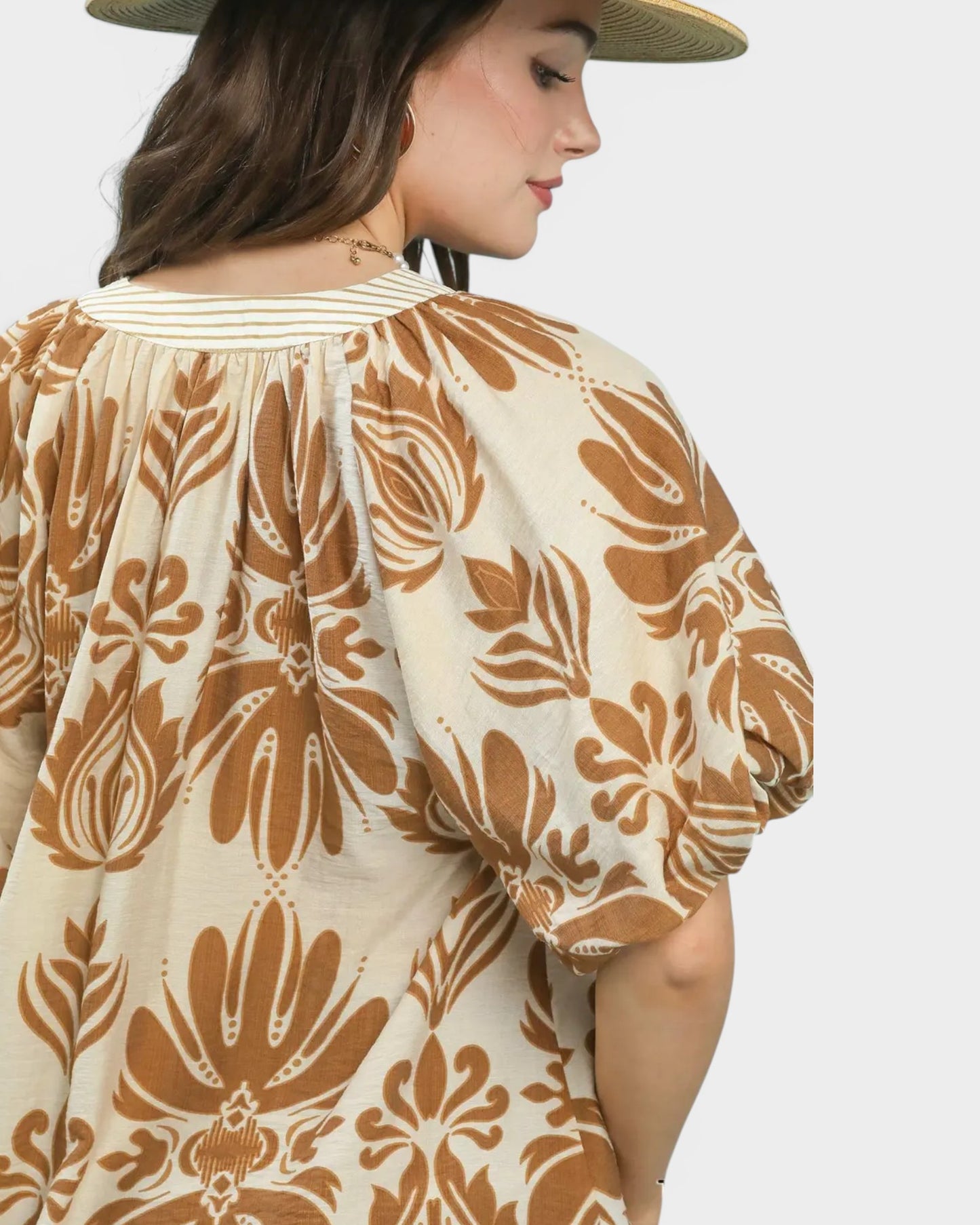 Taupe Floral Puff Sleeve Top