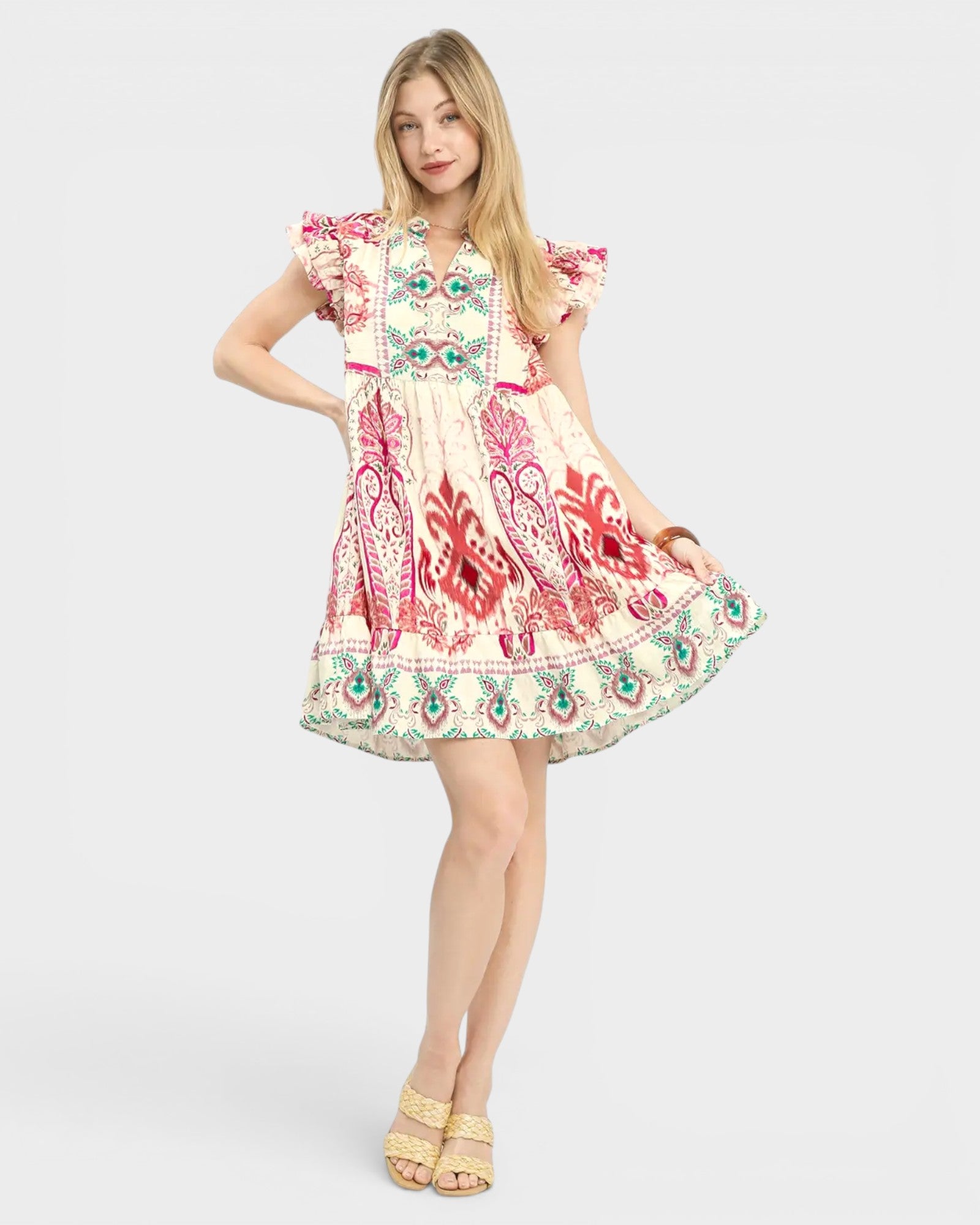 Pink Ruffle Sleeve Mini Dress