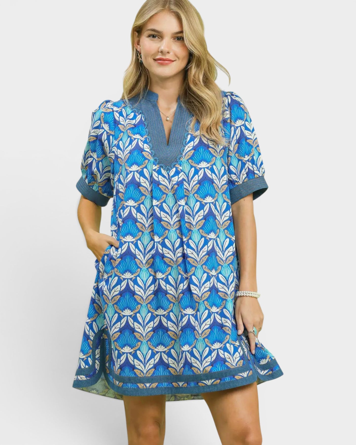 Blue Floral Cotton Mini Dress