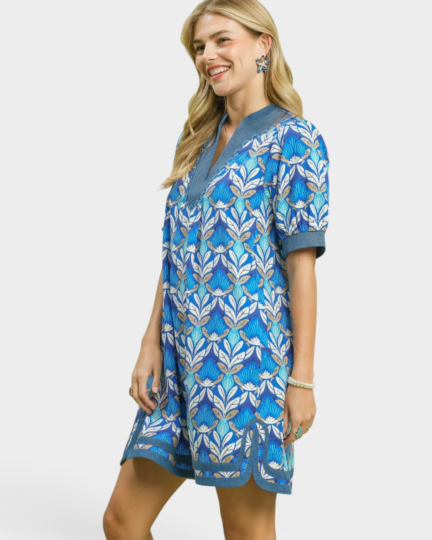 Blue Floral Cotton Mini Dress