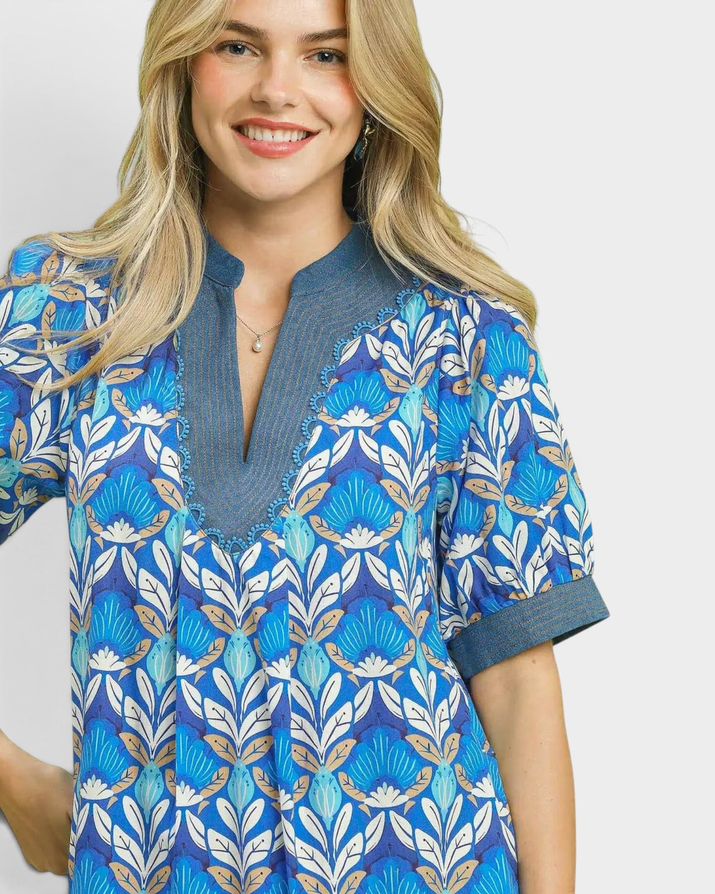 Blue Floral Cotton Mini Dress