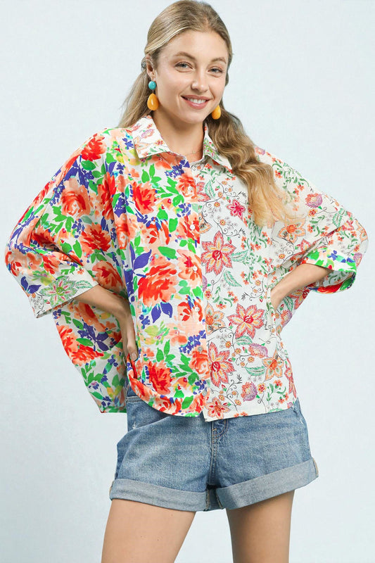 Multi Floral Patchwork Button Down Top