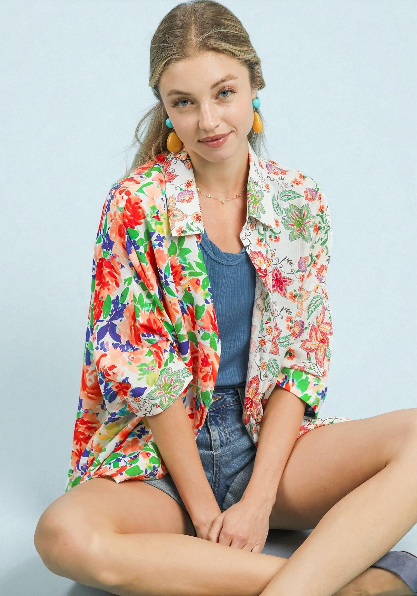 Multi Floral Patchwork Button Down Top