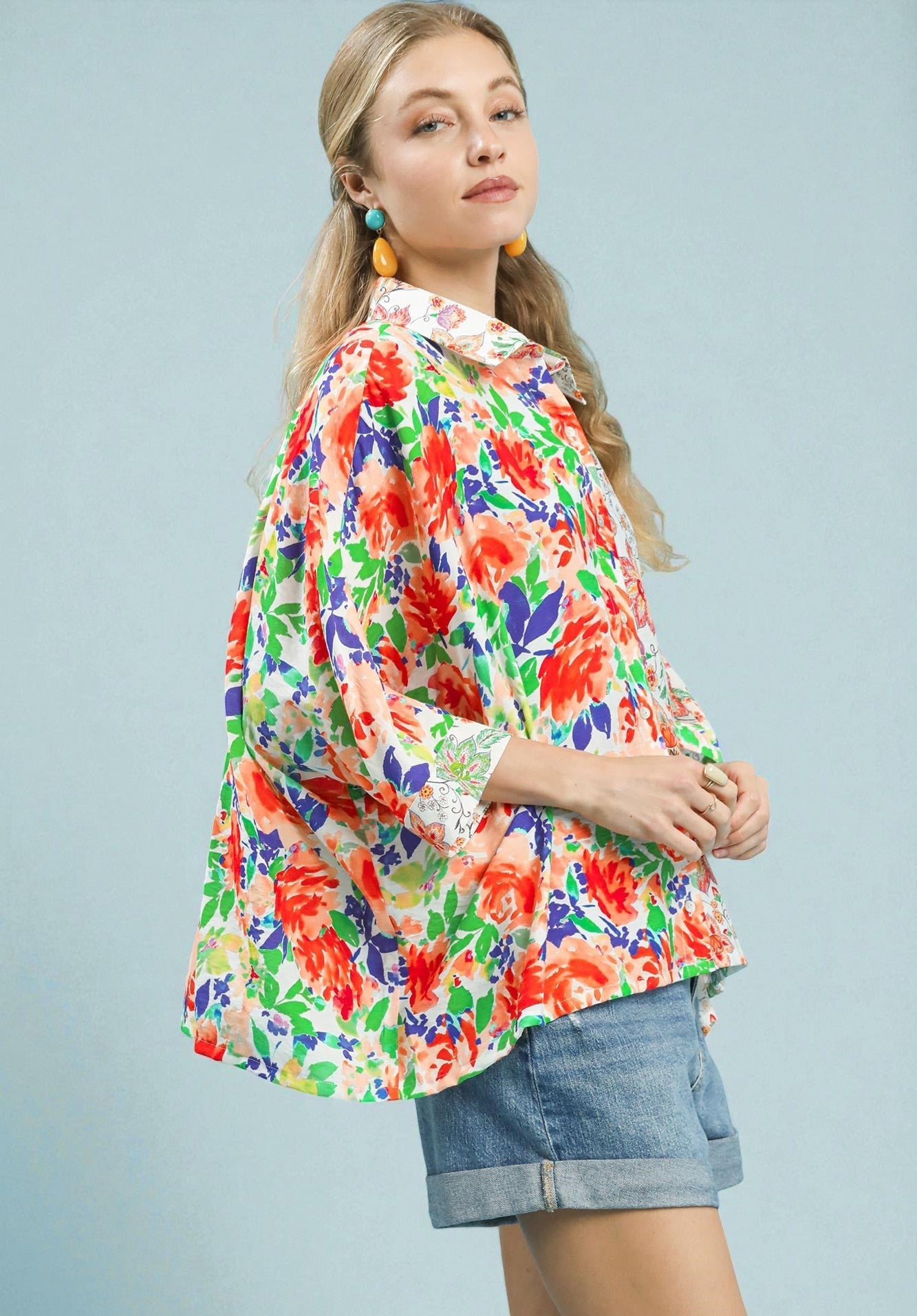 Multi Floral Patchwork Button Down Top