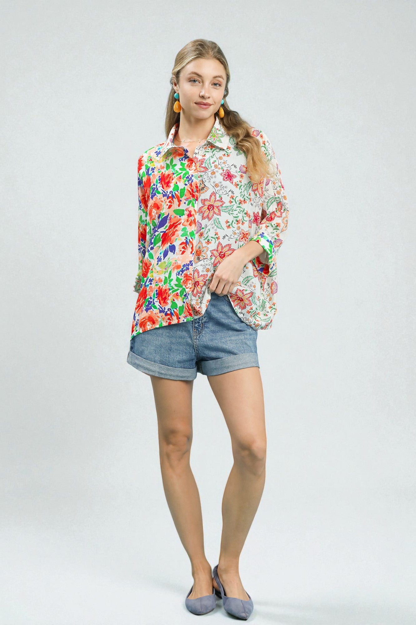 Multi Floral Patchwork Button Down Top