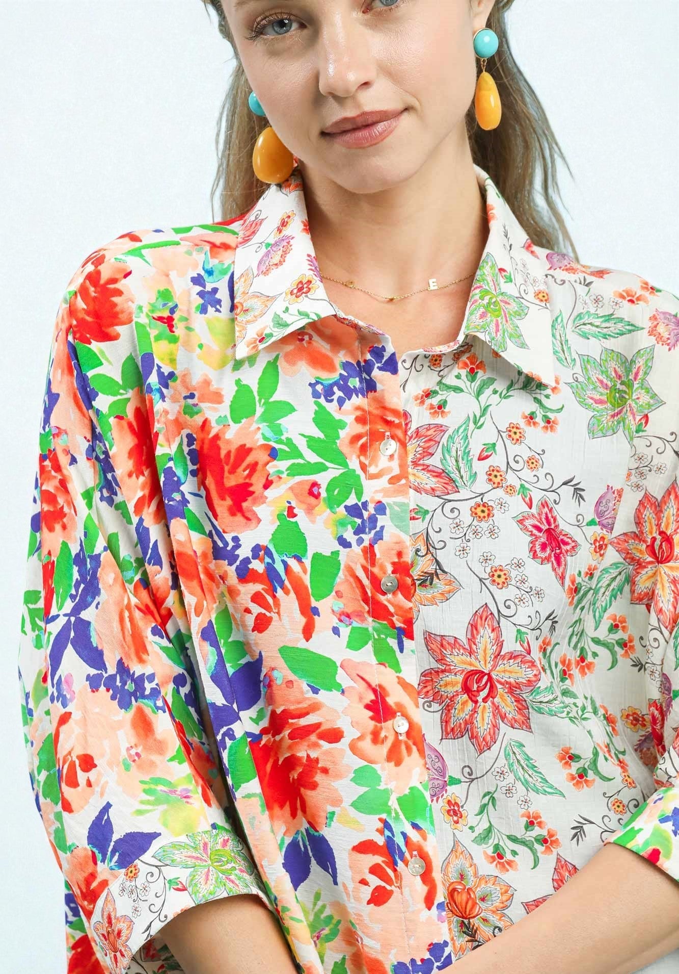 Multi Floral Patchwork Button Down Top