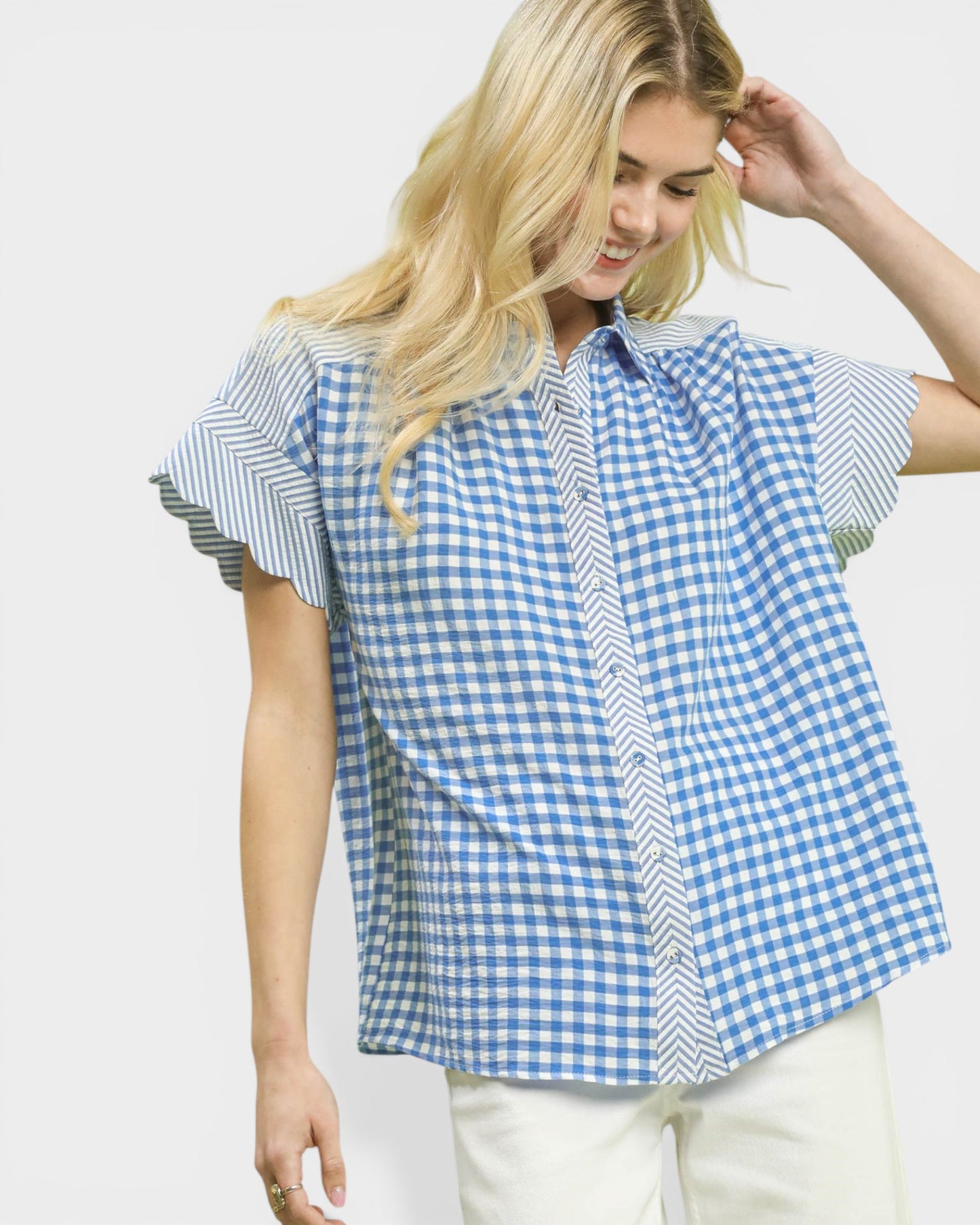 Blue & White Gingham Button Front Blouse