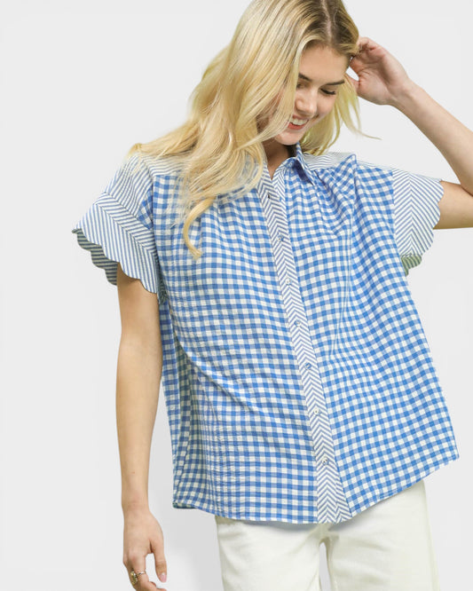Blue & White Gingham Button Front Blouse