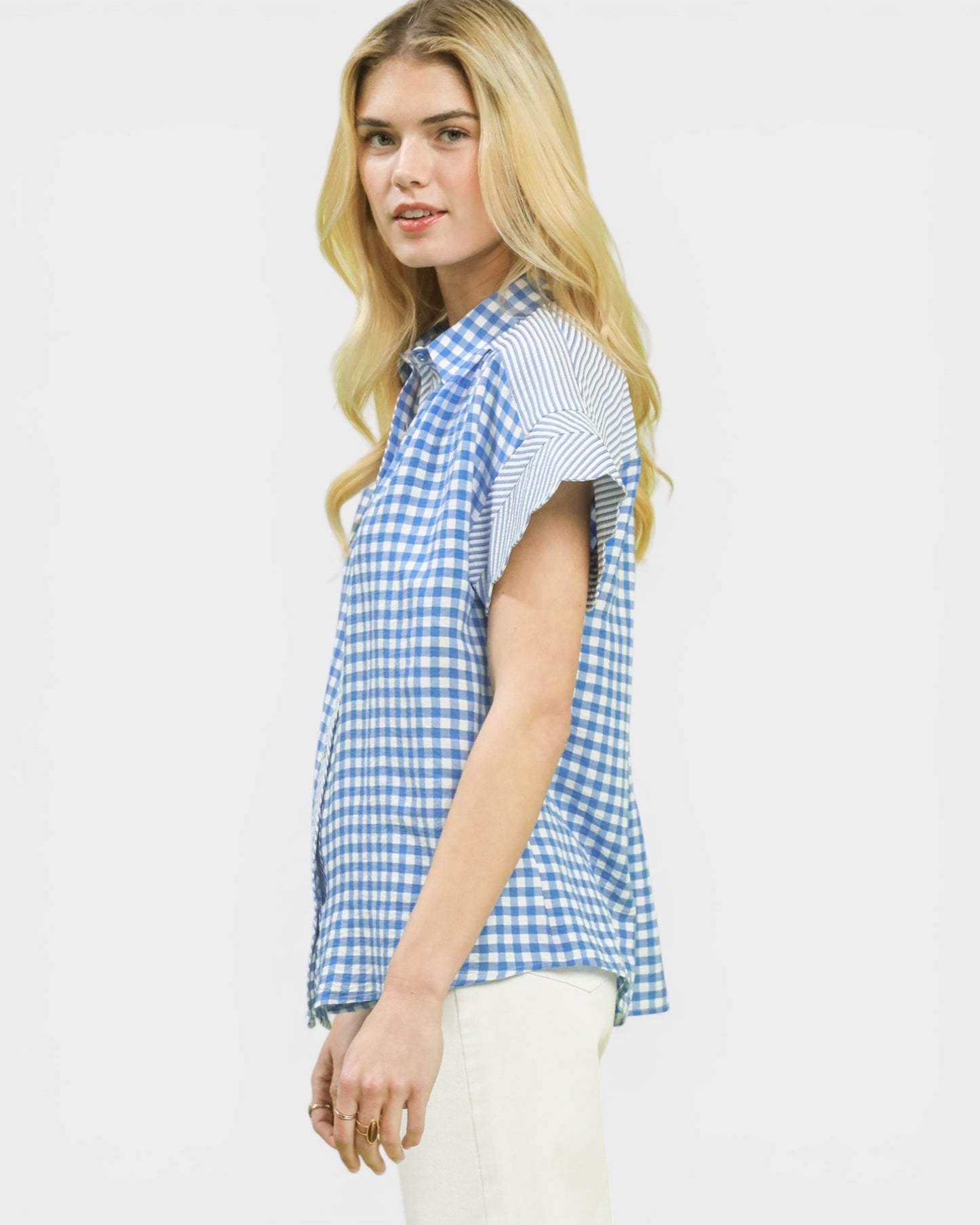 Blue & White Gingham Button Front Blouse