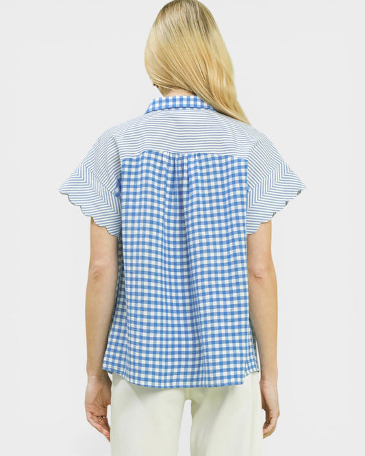 Blue & White Gingham Button Front Blouse