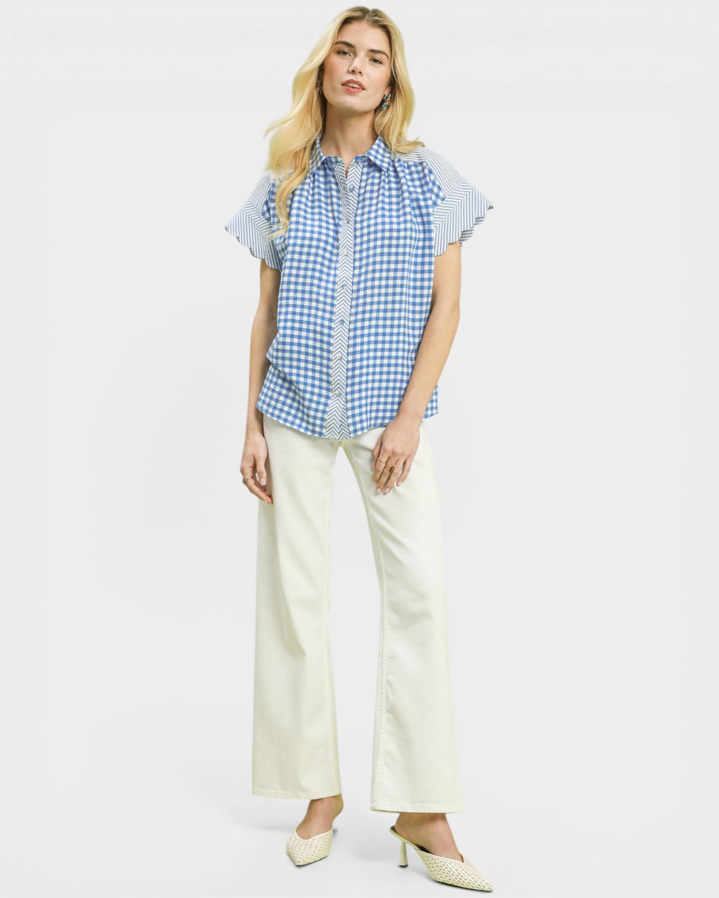 Blue & White Gingham Button Front Blouse