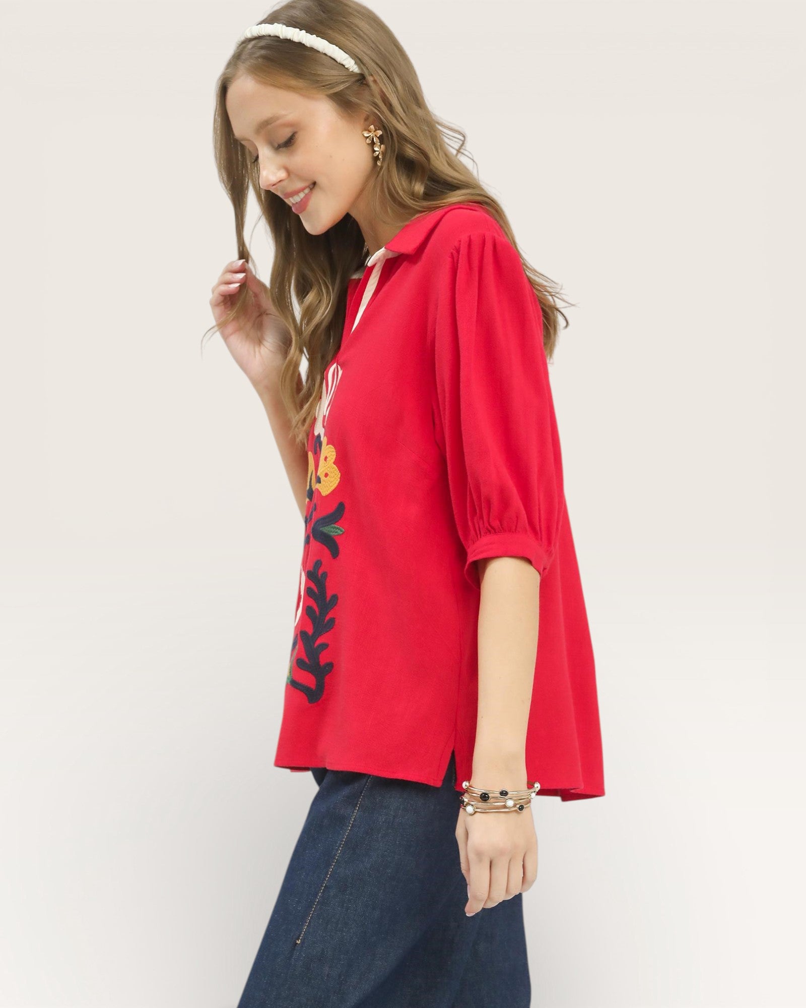 Crimson Embroidered Folk Blouse