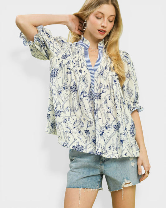 Ivory & Blue Floral Contrast Trim Blouse