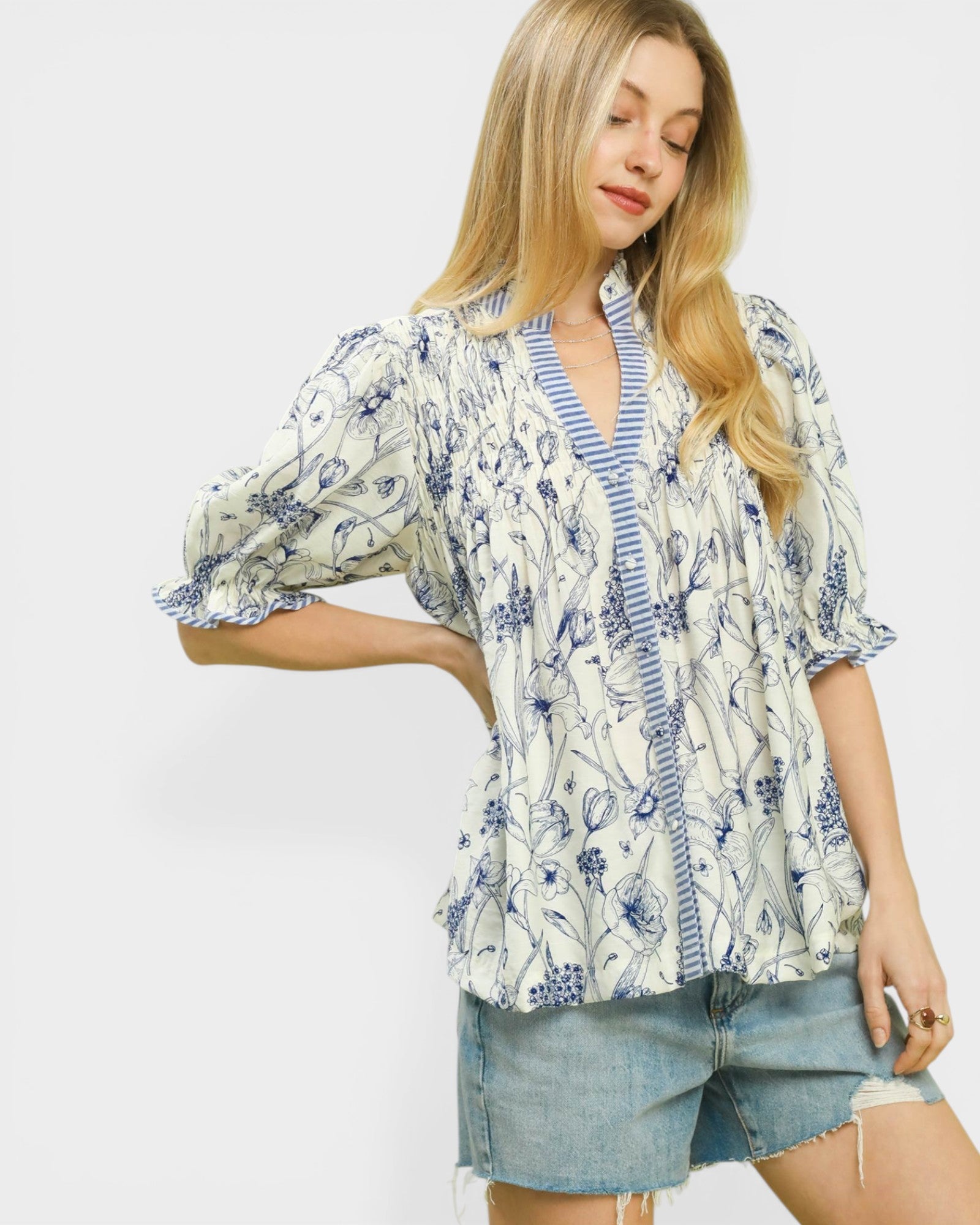 Ivory & Blue Floral Contrast Trim Blouse