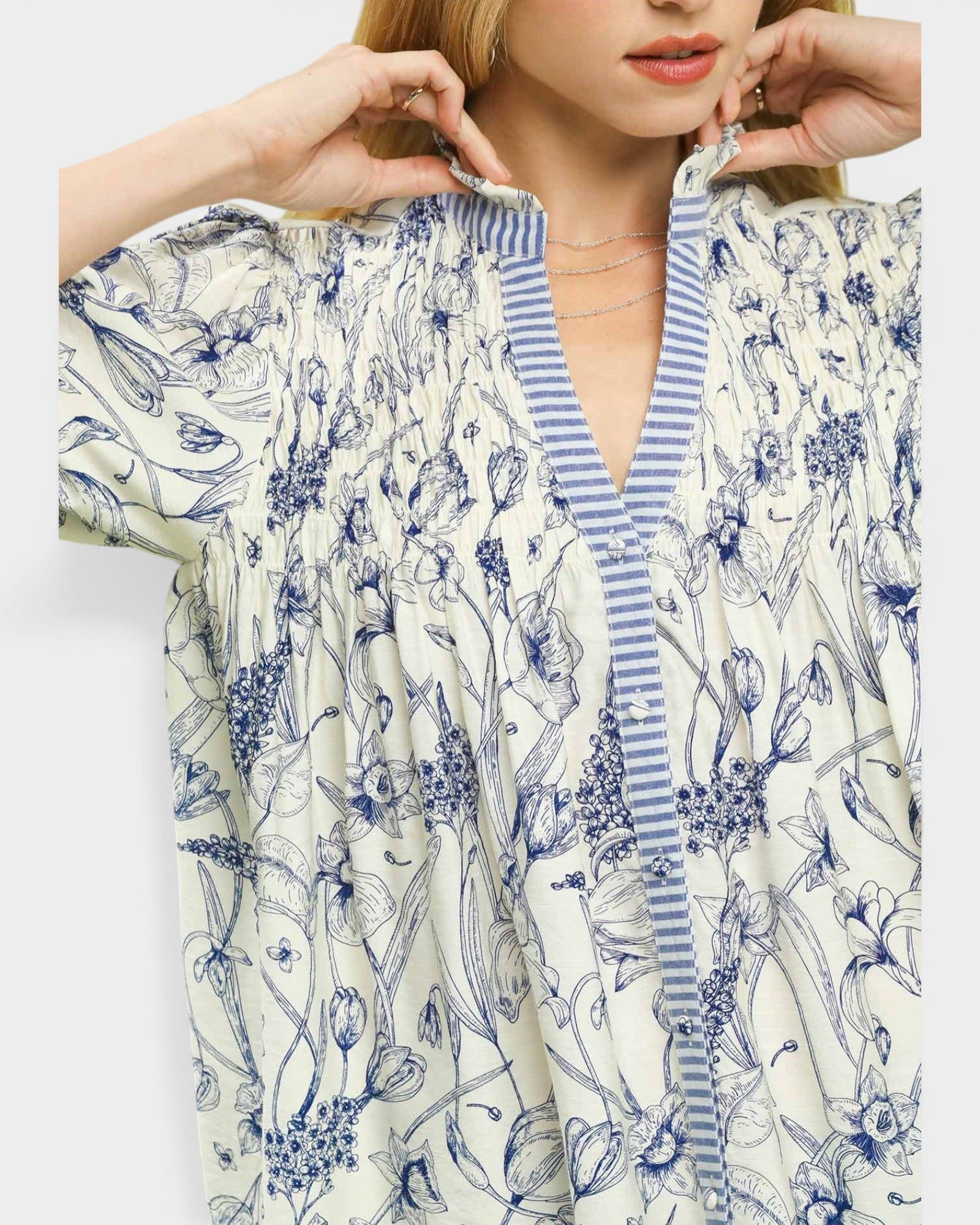 Ivory & Blue Floral Contrast Trim Blouse