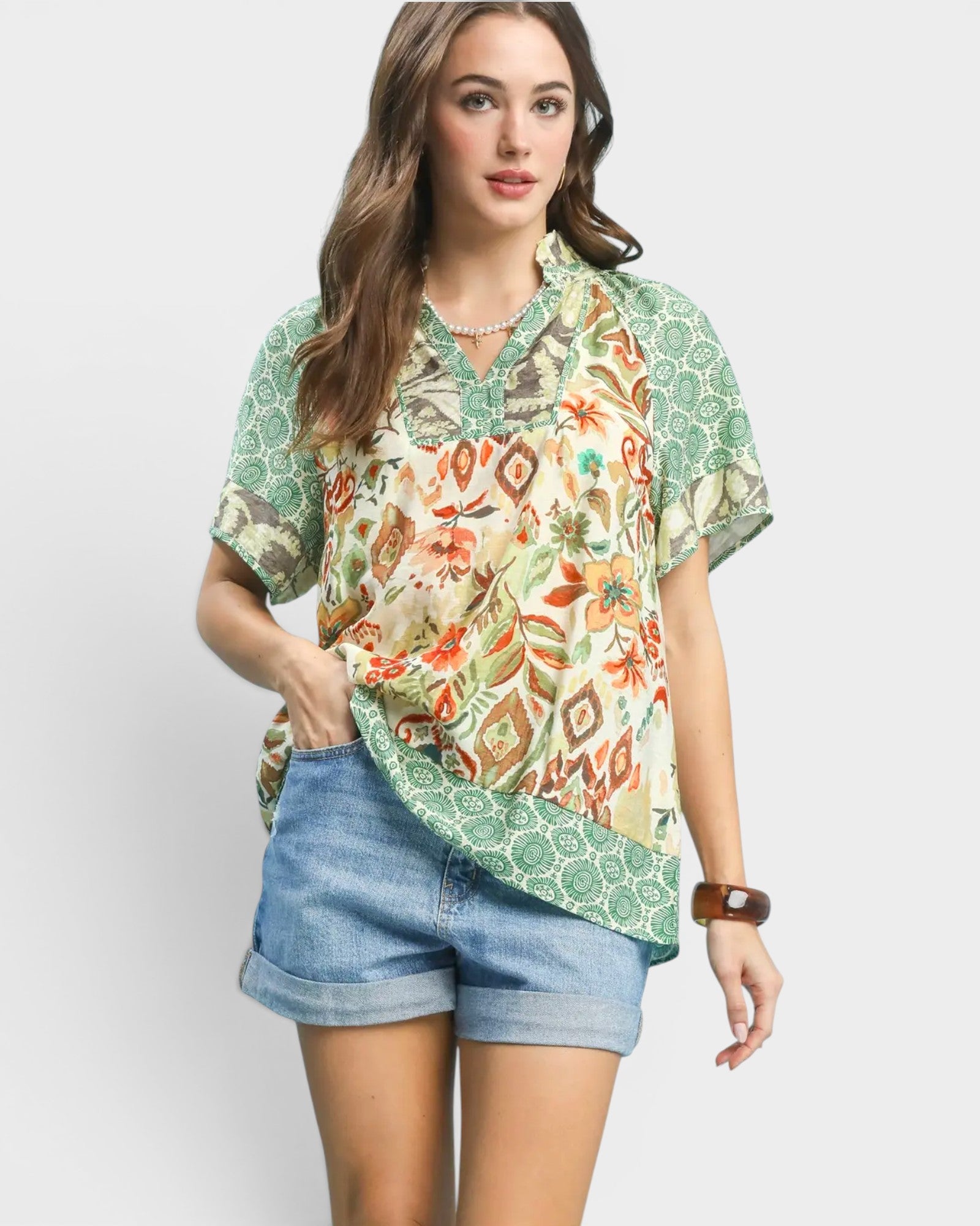 Sage Mixed Print Ruffle Neck Top