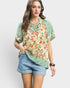 Sage Mixed Print Ruffle Neck Top