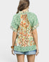 Sage Mixed Print Ruffle Neck Top