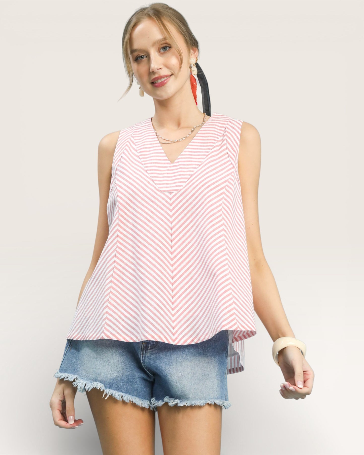 Pink & White Striped V-Neck Tank Top