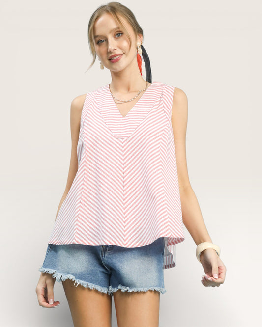 Pink & White Striped V-Neck Tank Top