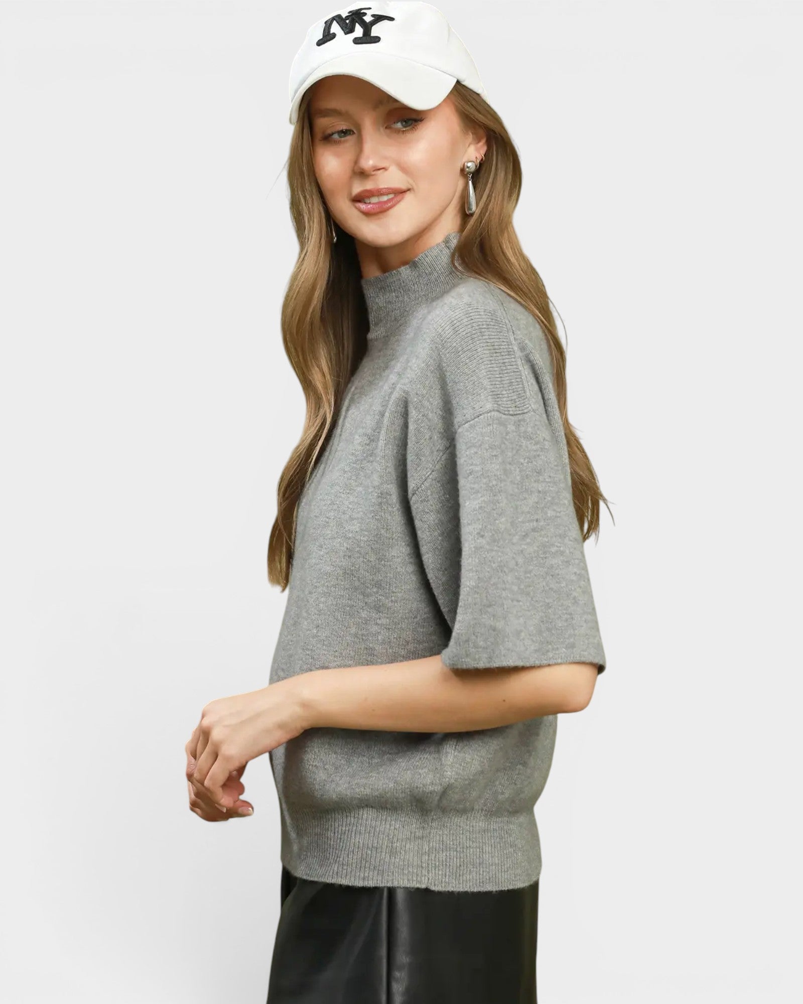 Heather Gray Short Sleeve Mock Neck Sweater