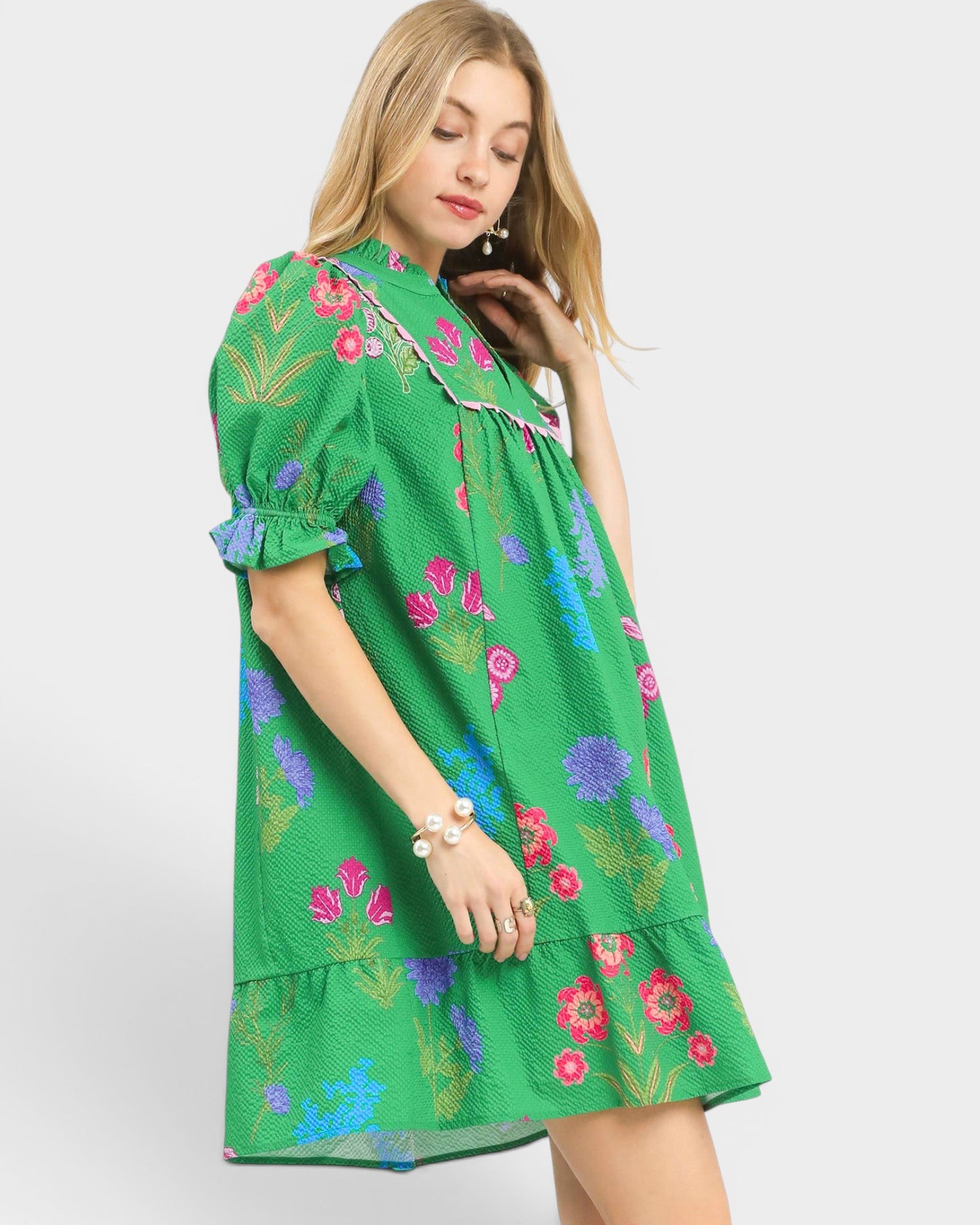 Island Green Floral Ruffle Mini Dress