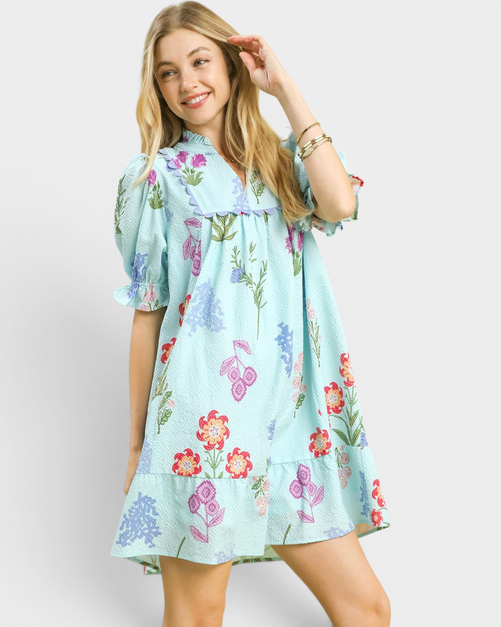 Seafoam Floral Ruffle Mini Dress