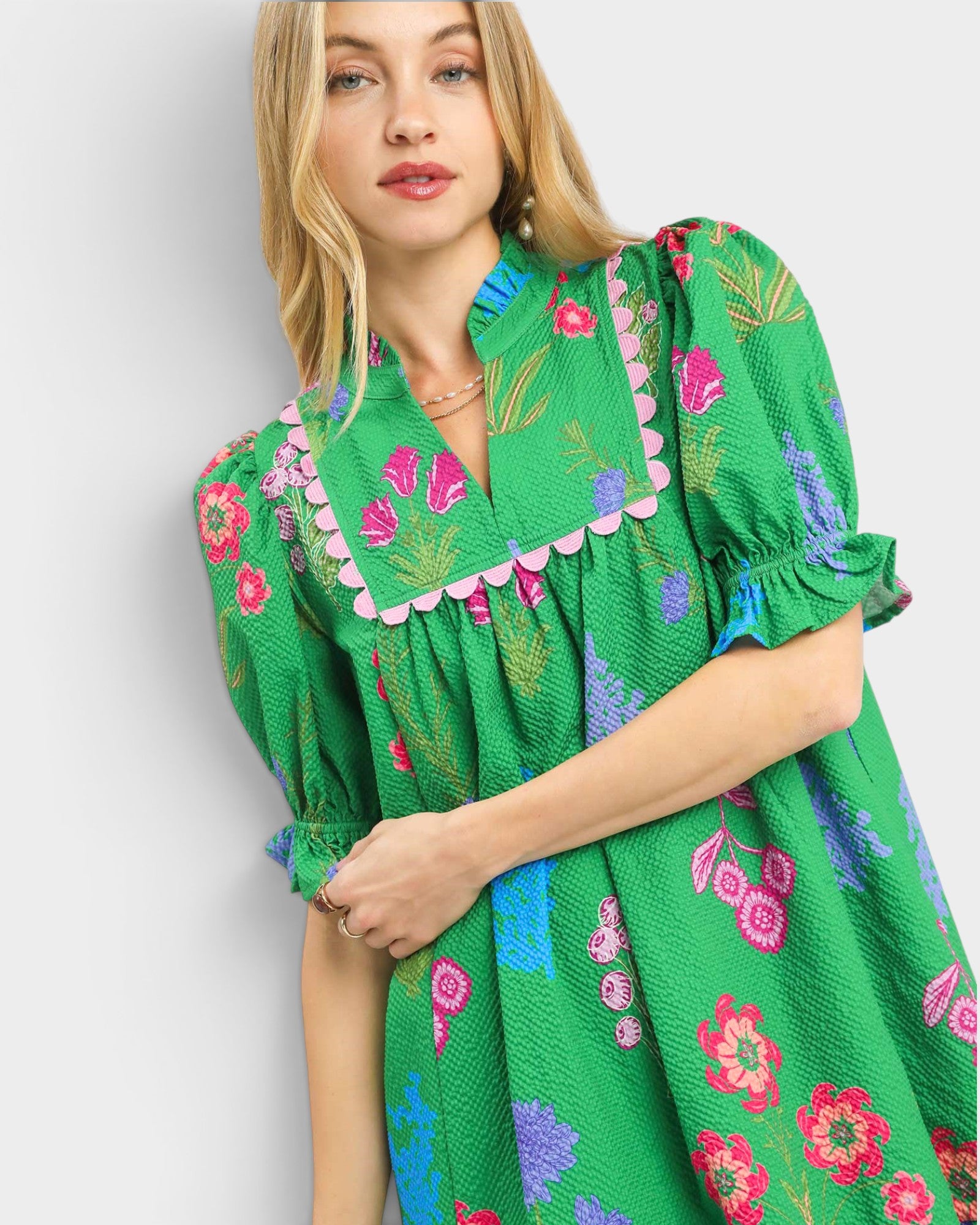Island Green Floral Ruffle Mini Dress