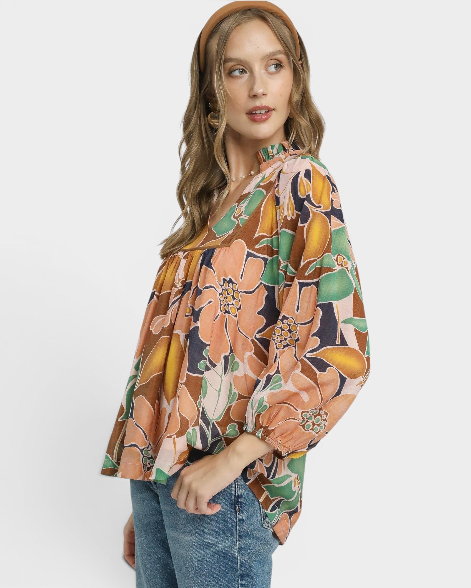 Rust Floral Puff Sleeve Top