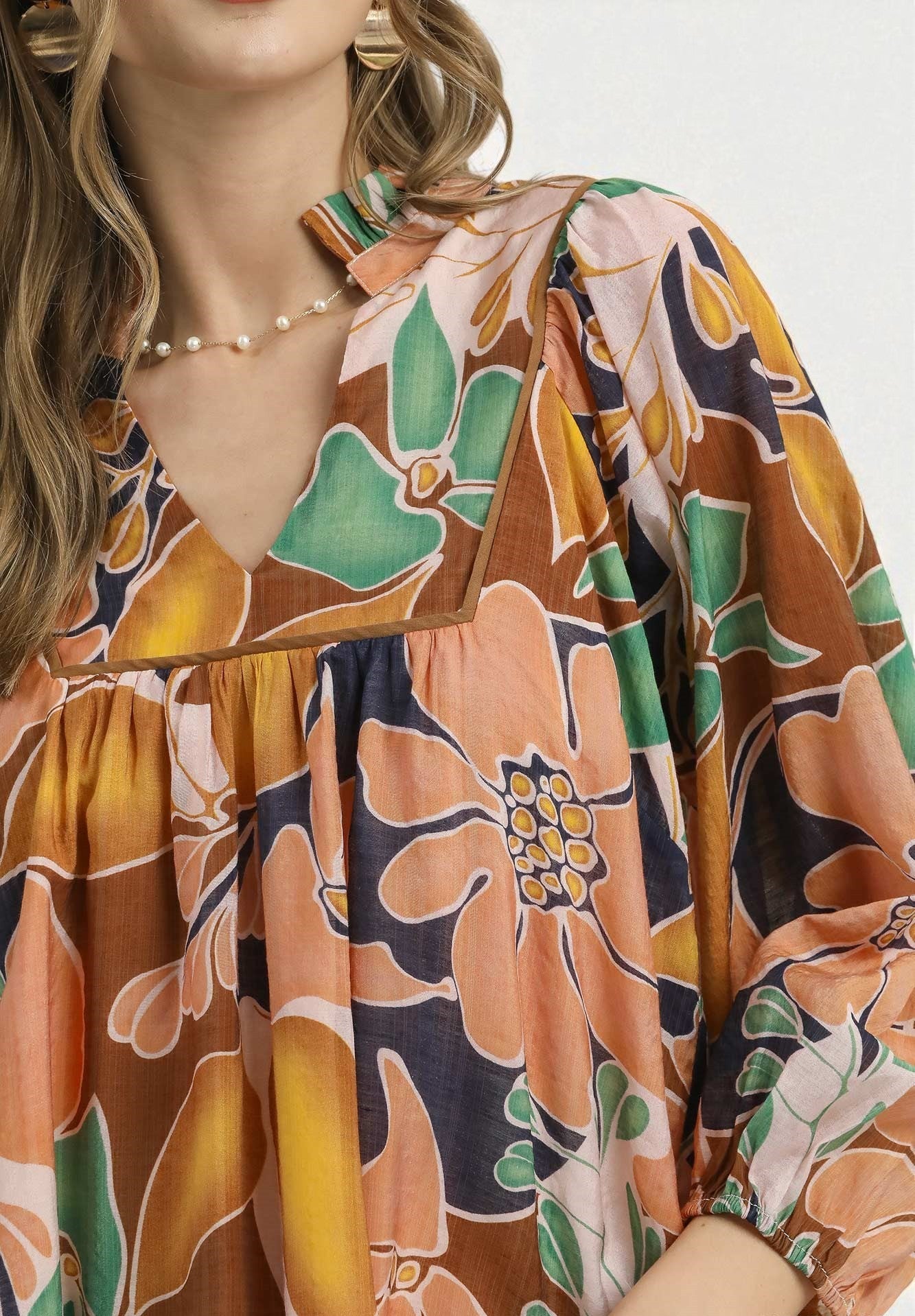Close-up of a floral dress with a mix of colors on a white background