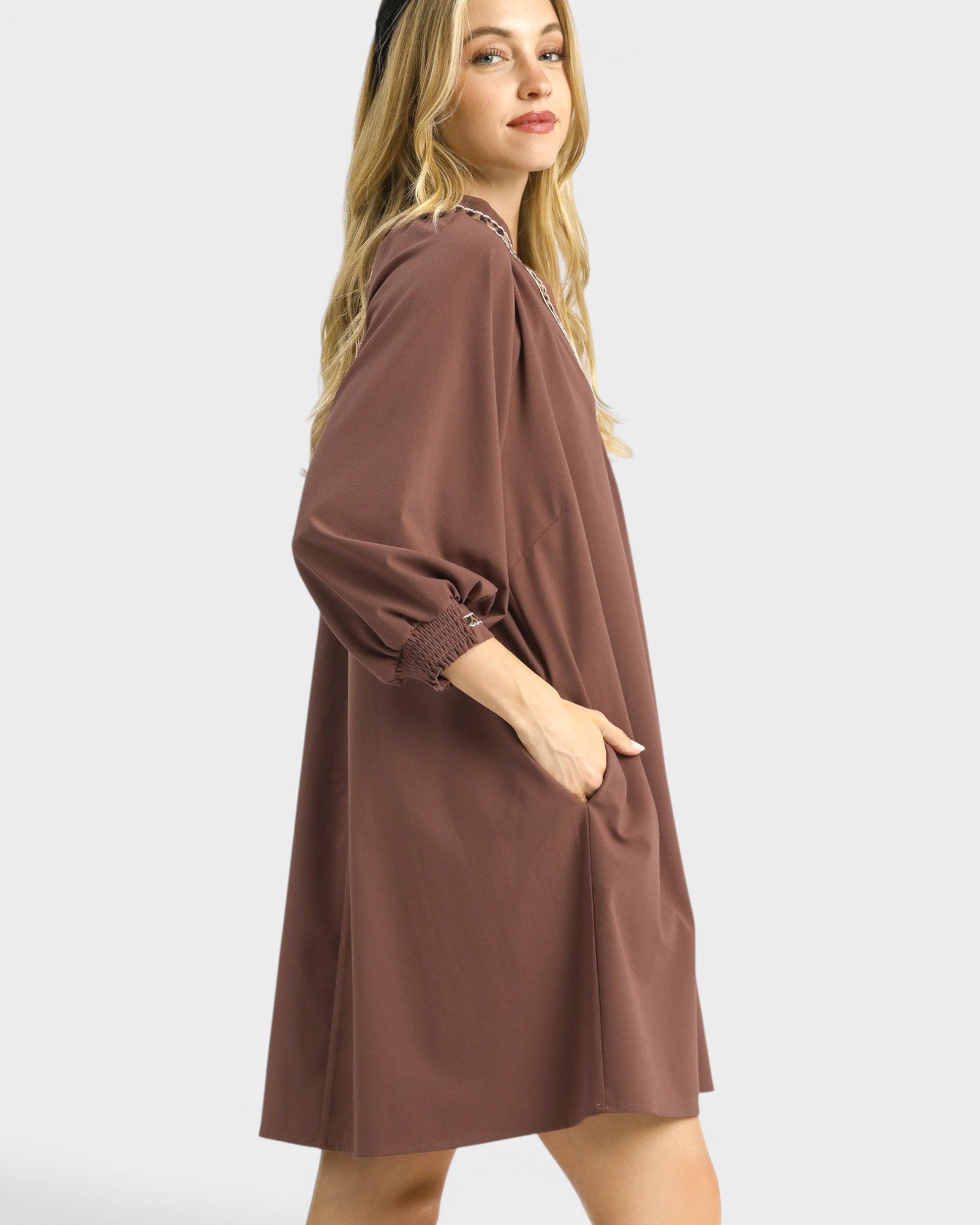 Mocha Embroidered Trim Mini Dress