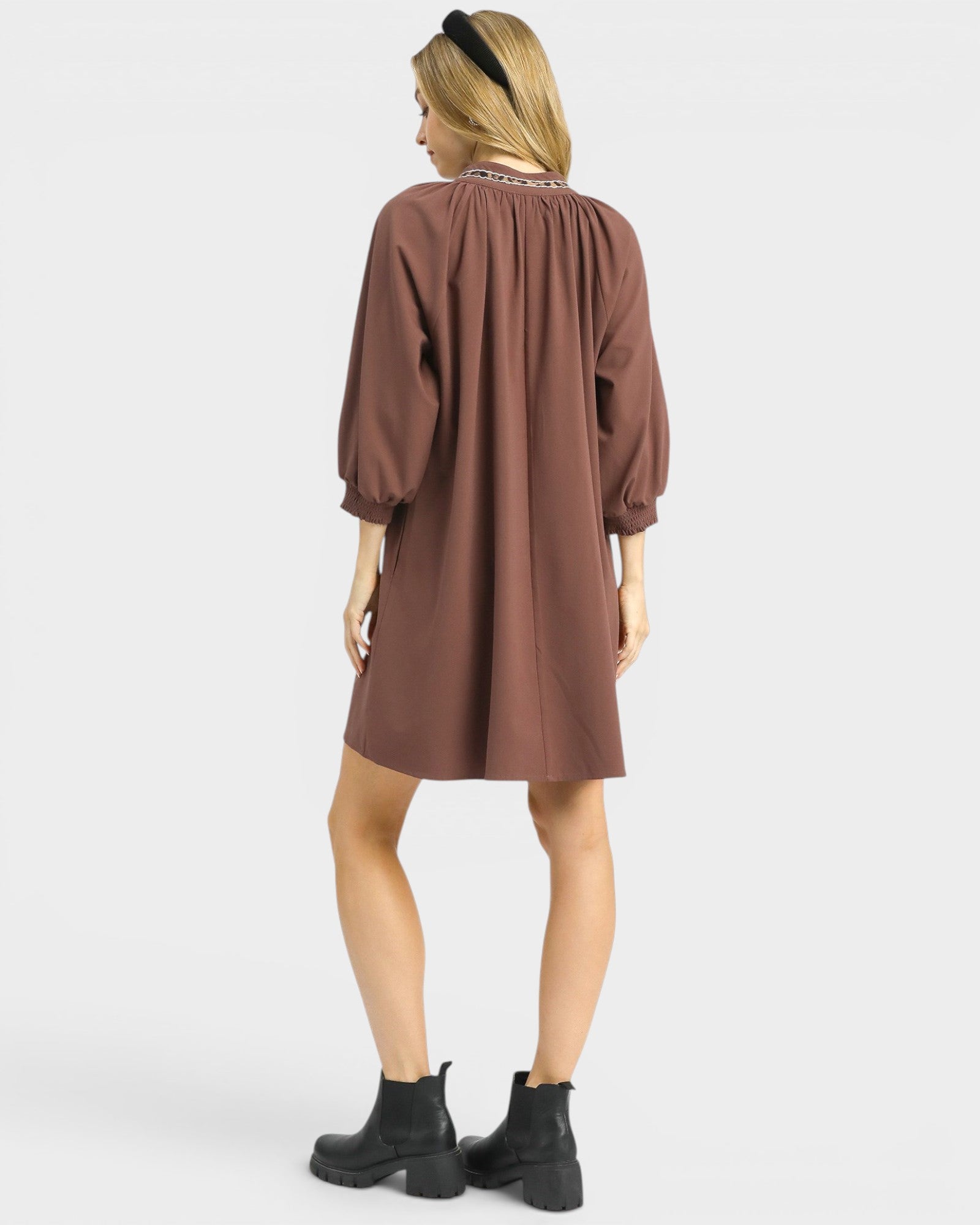 Mocha Embroidered Trim Mini Dress